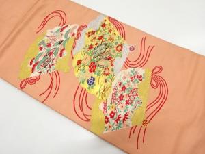アンティーク　桧扇に垣根・草花模様織り出し名古屋帯（着用可）